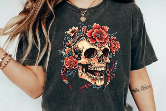 Neo Traditional Skull & Peony Snake Tattoo Design PNG